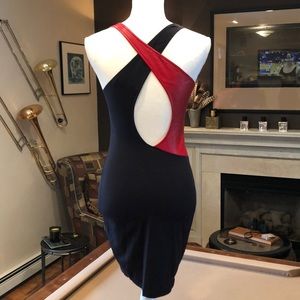 David Lerner Black Tank Dress Red Leather Trim S